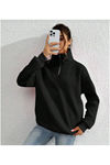 Unisex Uzun Kol Yarım Farmuarlı Yakalı Basic SweatShirt - Siyah