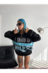 Yarım Fermuarlı Oversize Baskılı SweatShirt - Siyah