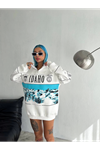 Yarım Fermuarlı Oversize Baskılı SweatShirt - Beyaz