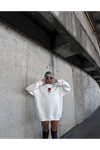 Oversize Üç İplik Bisiklet Yaka Baskılı SweatShirt - Beyaz